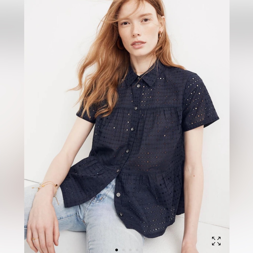 Madewell Eyelet Seamed Button-Down Shirt navy small